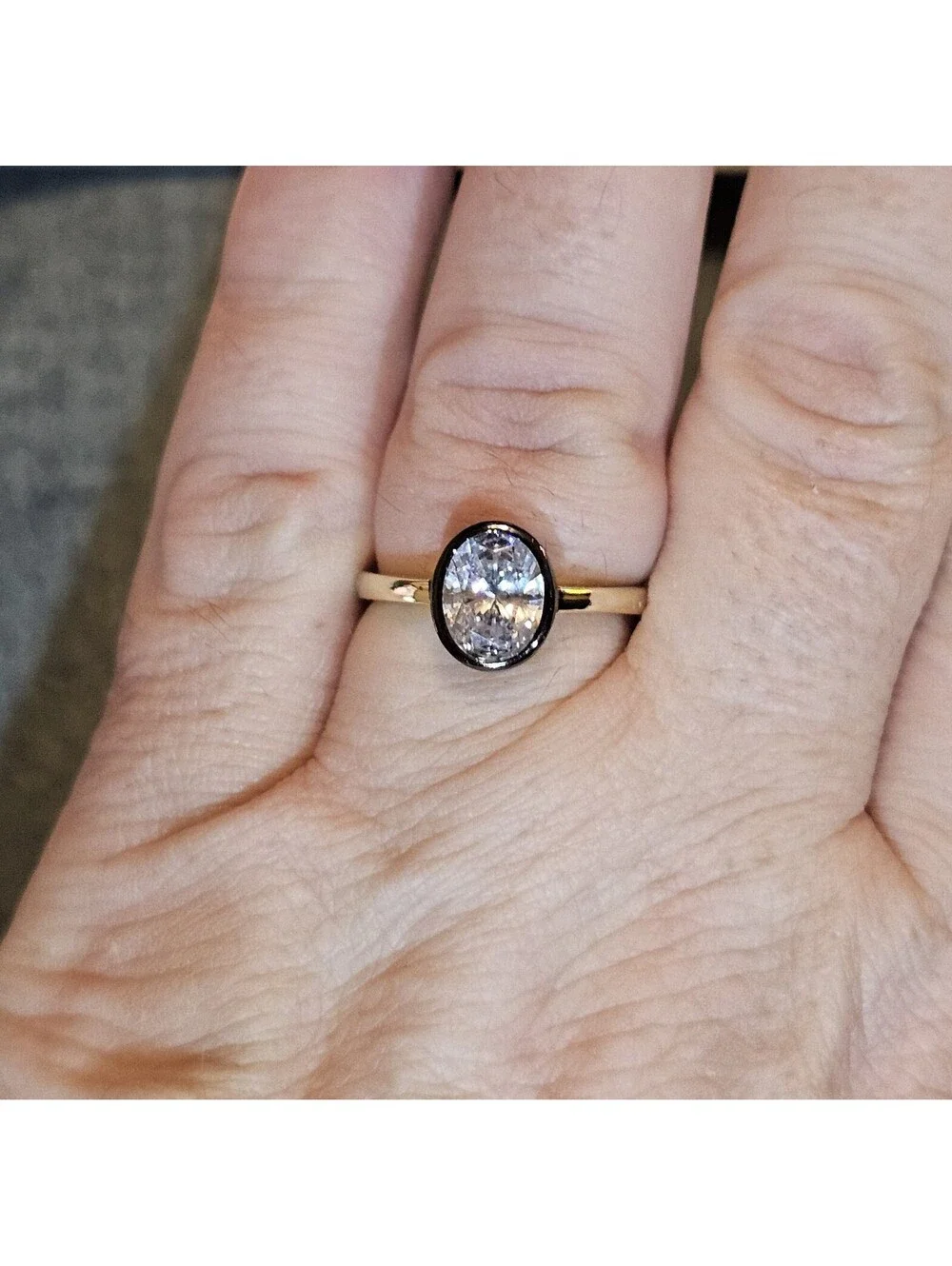 Black Enamel Gold-plated CZ Ring Sz 8 Oval Bezel Set Low Profile NWOT